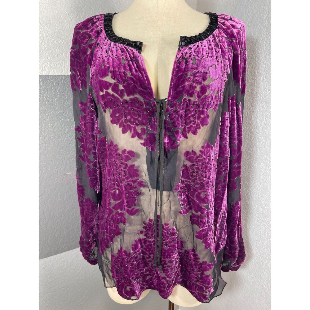 Hale Bob Silk Velvet Burnout Tunic Blouse M Purple Whimsygoth Beaded Boho Luxe